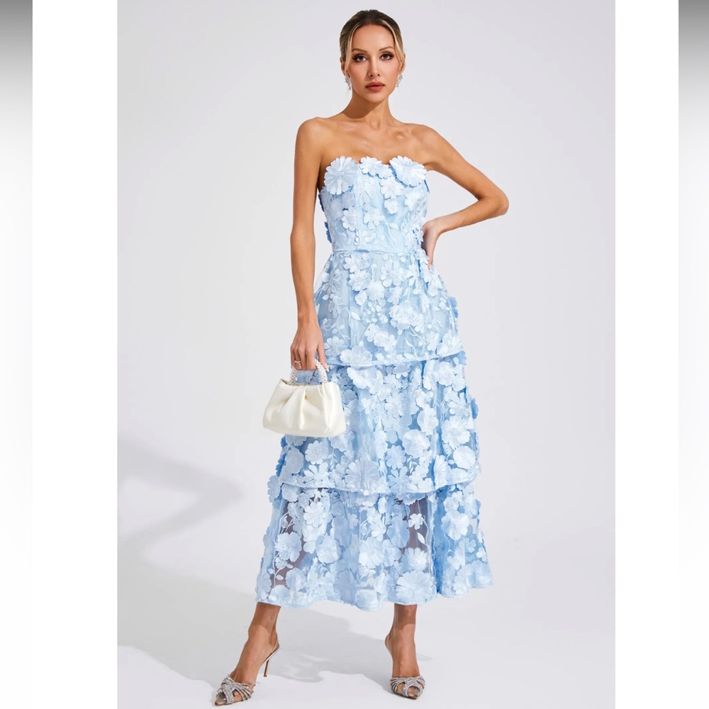 Floral Strapless Blue Dress Homecoming